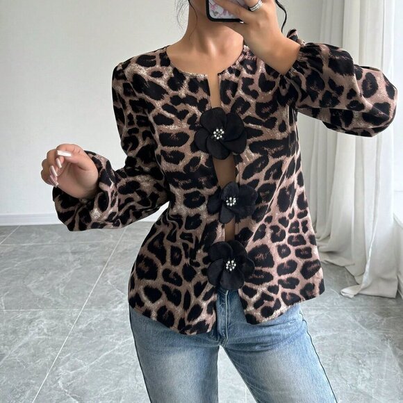 Black Casual Women's Elegant 3d Floral & Leopard Print Lantern Sleeve Blouse - Picture 4 of 5